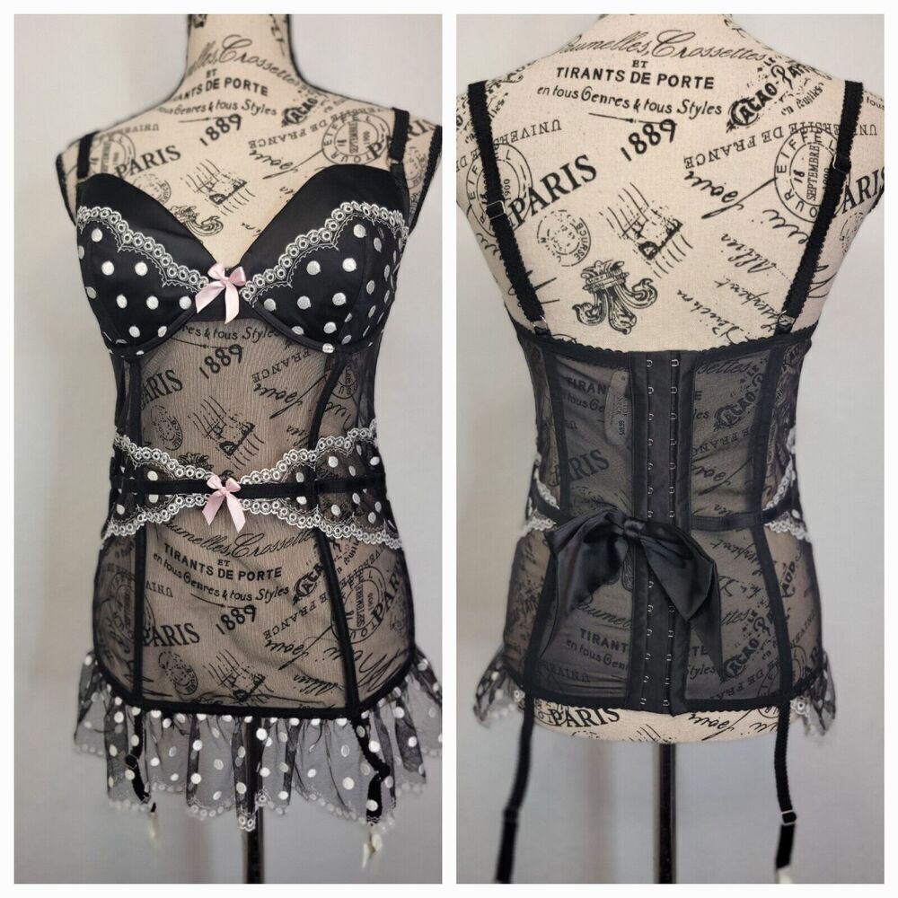 Victorias Secret Sheer Mesh Corset Bustier Dress Garters Size 36D Polka Dots NWT